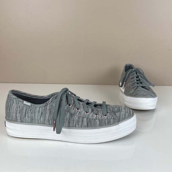 Keds Triple Kick Heathered Stripe Knit Light Grey Platform Sneakers Size 10 - Picture 1 of 16